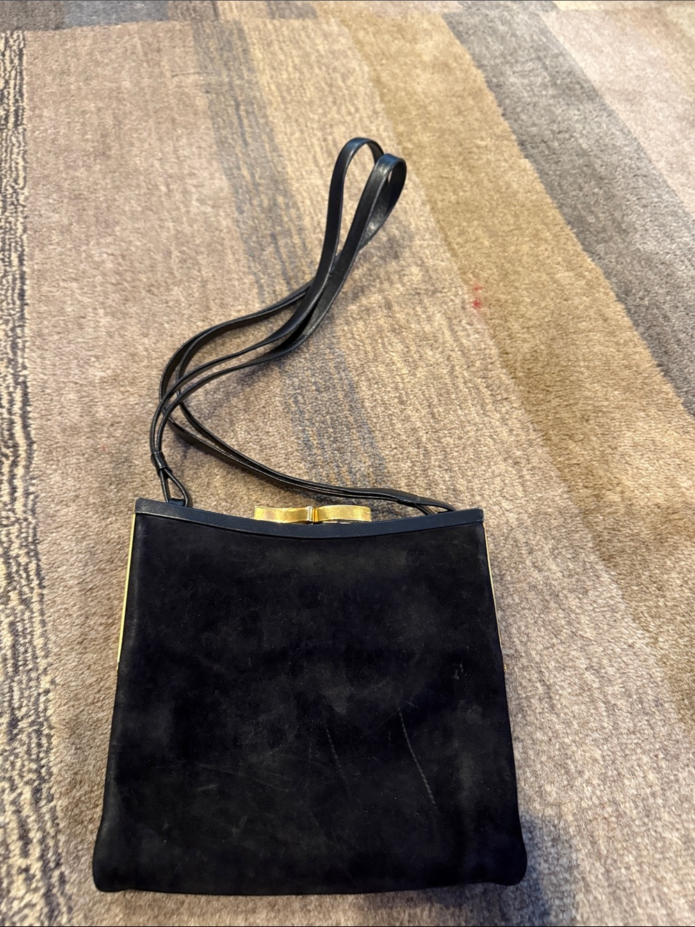 Classic Black Suede Shoulder Bag with Gold Accent